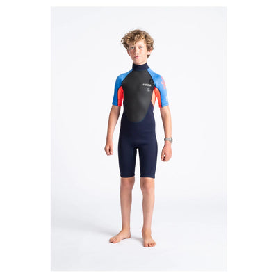 C-Skins Junior Element 3/2mm Shorty Back Zip Wetsuit - Slate Navy/Red/Blue - Buy online today at Down the Line Surf. International shipping available.
