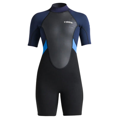 C-Skins Women's Element 3/2mm Shorty Back Zip Wetsuit - Black/Slate/Azure - Buy online today at Down the Line Surf. International shipping available.