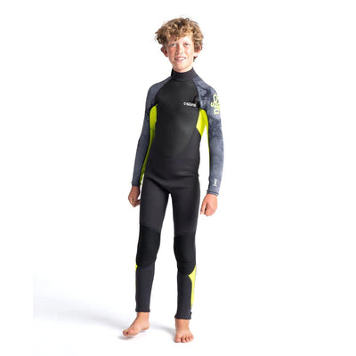 C-Skins Junior Element 3/2mm Back Zip Wetsuit - Anthracite/Yellow/Black - Buy online today at Down the Line Surf. International shipping available.