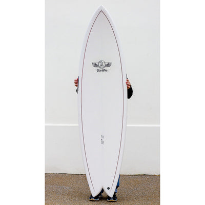 Jim Banks Ultra Glide Surfboard 6'10" - White/Burgundy Pin Line - Buy online today at Down the Line Surf. International shipping available.